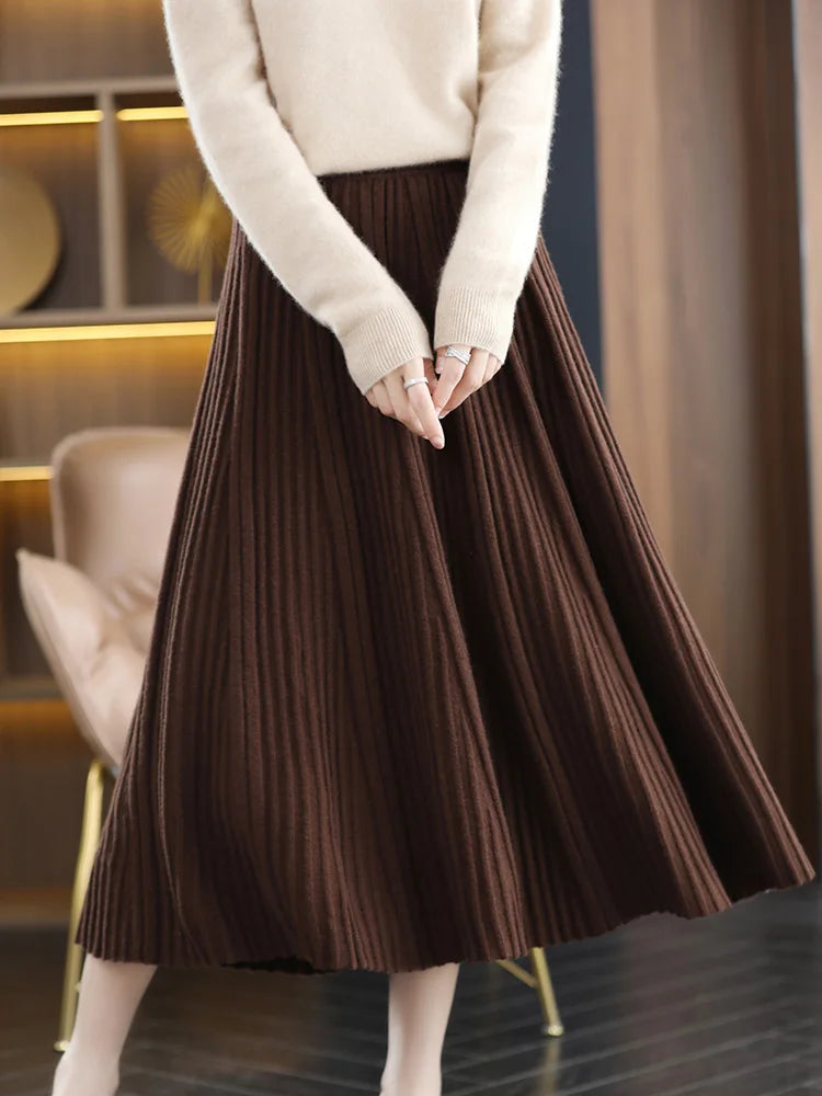 100% Merino Wool Women’s Knitted Skirt Spring Autumn Winter  Long Pleated Grace Skirts High Waist A-Line Cashmere Comfortable PlatiNum
