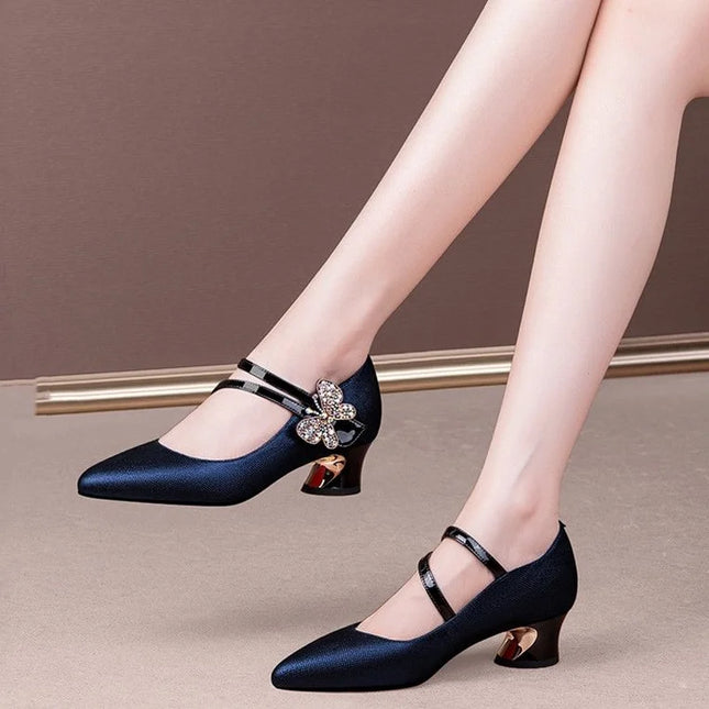 FHC Shallow Leather Mid Heels, Office Lady Work Shoes, Women Pumps, Rhinestone Bow Tie, Vogue Pointed Toe, Blue, Black, Dropship