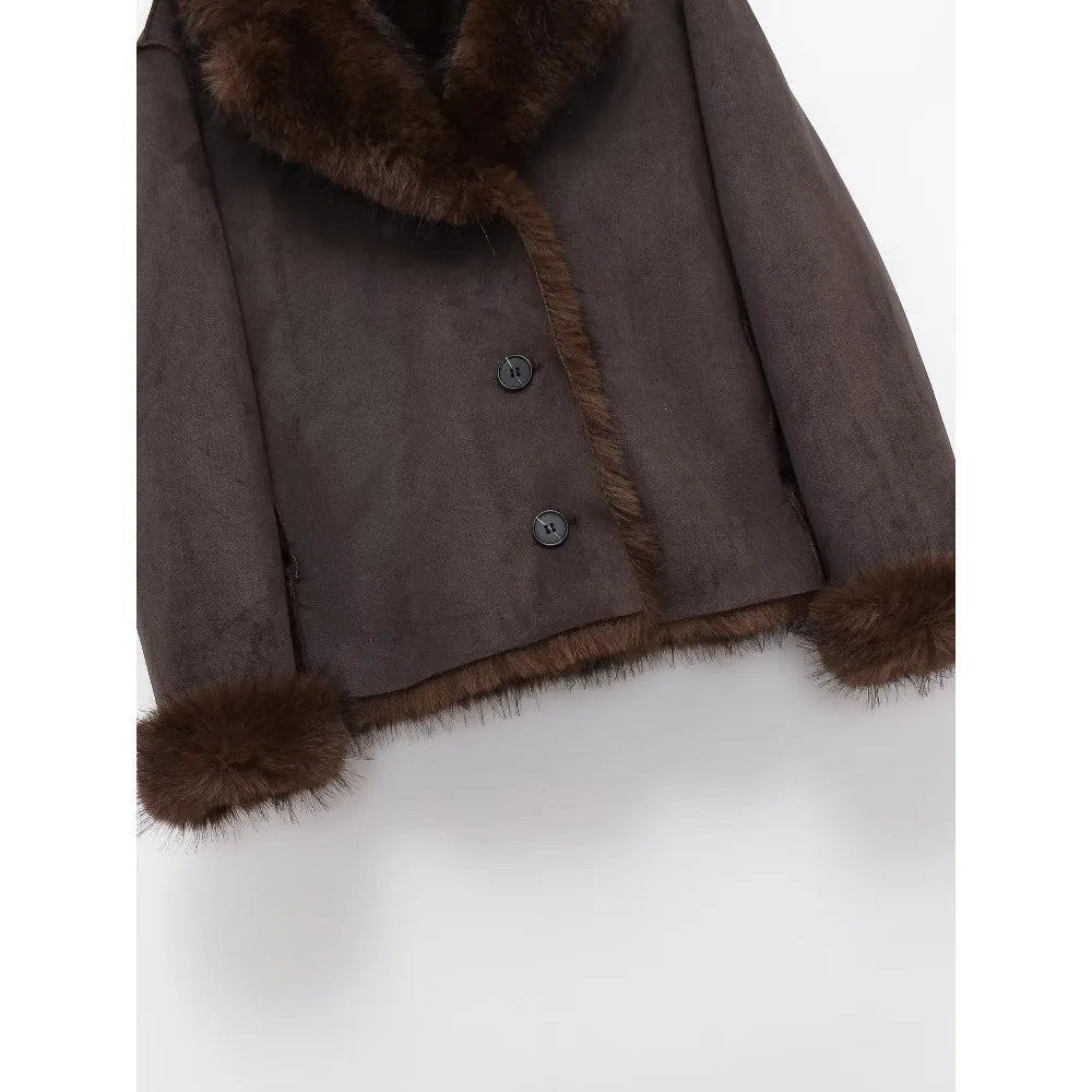 New in Reversible Double-faced Faux Fur Jacket for Women Stylish Lapel Collar Crossover Button-up Outwears Winter Brown Overcoat