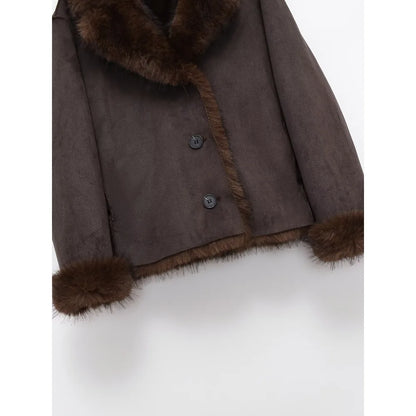 New in Reversible Double-faced Faux Fur Jacket for Women Stylish Lapel Collar Crossover Button-up Outwears Winter Brown Overcoat