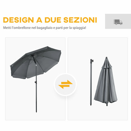 Outsunny Ombrellone da Spiaggia Ø1.8x2 m con Tettuccio Reclinabile a 45°, Ombrellone da Mare con 8 Stecche e Design a 2 Sezioni in Acciaio e Poliestere 160g/㎡, UV50+