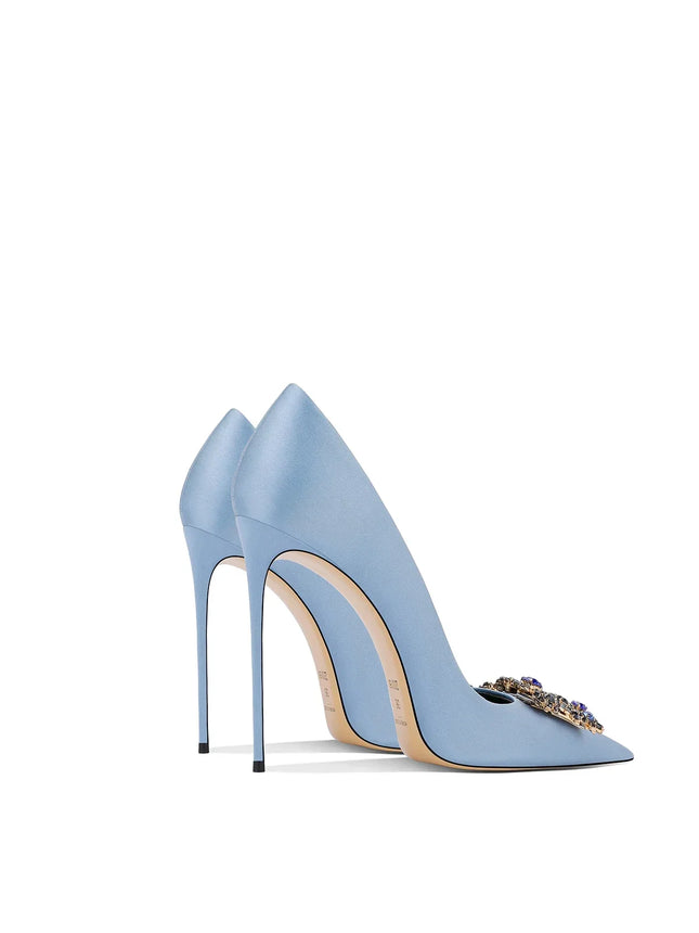 New Women's Shoes Spring-Autumn 2026, Blue High Heels with Pointed Toe, Rhinestones and Square Buckle, Elegant and Fashionable