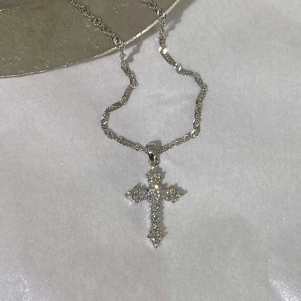 Shiny Crystal Zircon Cross Pendant Necklace for Women Girls Punk Silver Color Thin Chain Necklace Party Jewelry Birthday Gift PlatiNum