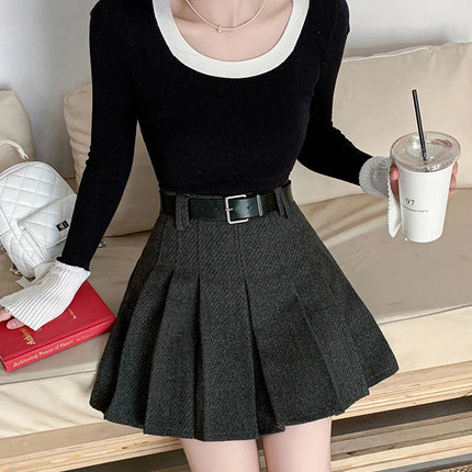 Vintage Winter Pleated Mini Skirt Women Streetwear High Waist Woolen Cute Skater Skirts With Shorts Belt Grey Black Skirt Woman PlatiNum