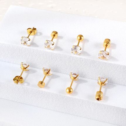 LUXUSTEEL 1Pairs/2Pcs Stainless Steel Crystal Studs Earrings For Women Men 4 Prong Tragus Round Clear Cubic Zirconia Ear Jewelry PlatiNum