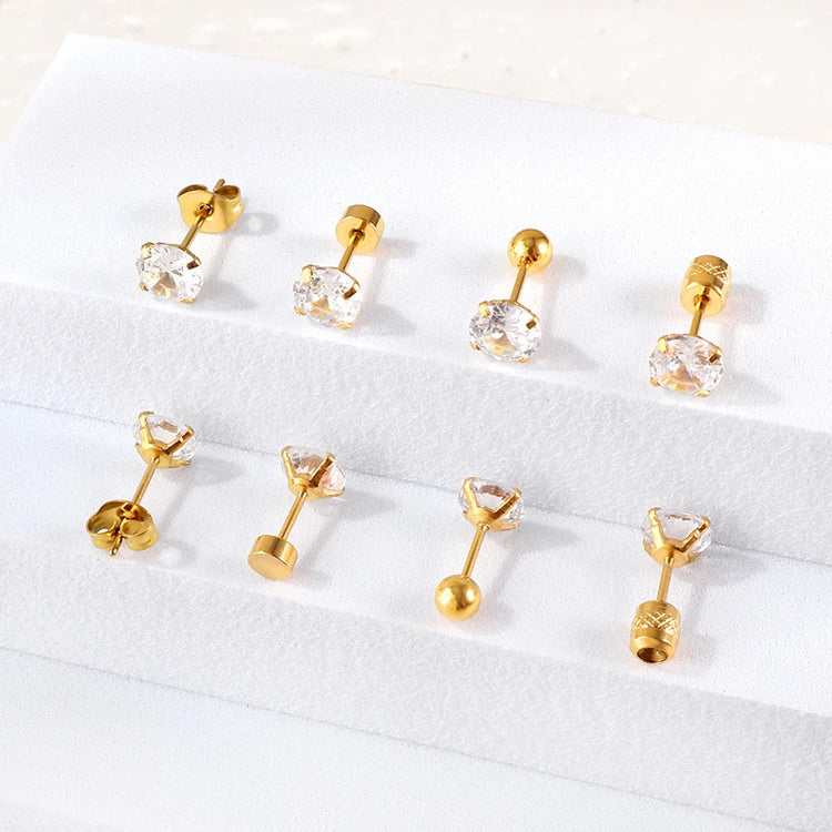 LUXUSTEEL 1Pairs/2Pcs Stainless Steel Crystal Studs Earrings For Women Men 4 Prong Tragus Round Clear Cubic Zirconia Ear Jewelry PlatiNum