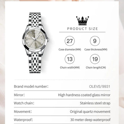 OLEVS 9931 Elegante Orologio da Donna di Lusso, Marca Originale, Movimento al Quarzo, Impermeabile, in Acciaio Inossidabile, Luminoso con Data platinumshop