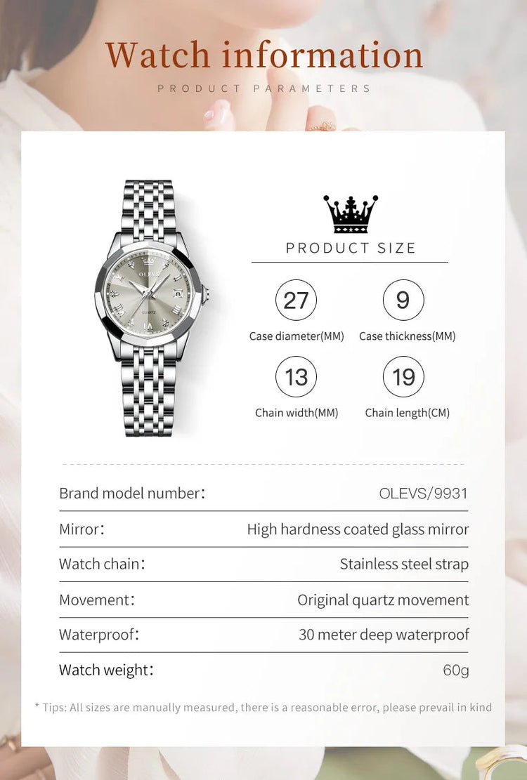 OLEVS 9931 Elegante Orologio da Donna di Lusso, Marca Originale, Movimento al Quarzo, Impermeabile, in Acciaio Inossidabile, Luminoso con Data platinumshop