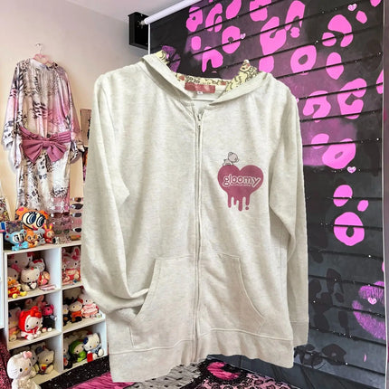 Retro Cartoon Gloomyed Bear Hoodie Women Sweet Cool Zip Sweatshirt Long Sleeve Fleece Jacket for Autumn Winter Subculture Style
