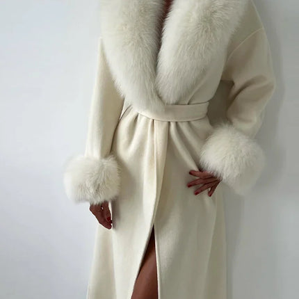 White Fur Patchwork Lace-up Overcoats Women's Street V-neck Full Sleeve Long Woolen Coat 2025 Winter New Ladies Thick Outwear