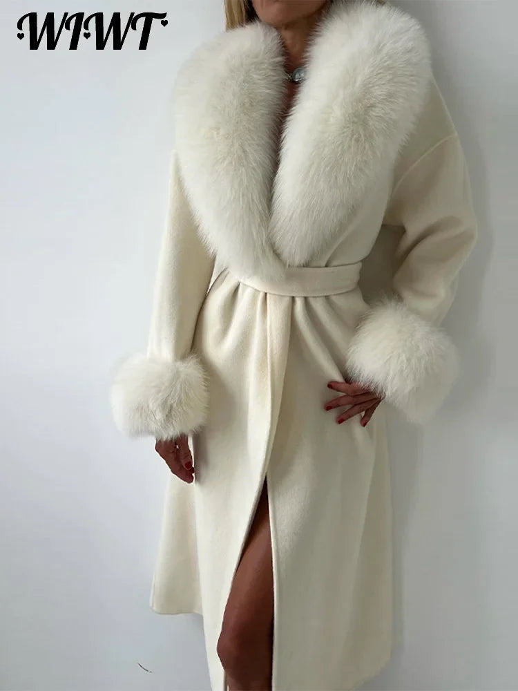 White Fur Patchwork Lace-up Overcoats Women's Street V-neck Full Sleeve Long Woolen Coat 2025 Winter New Ladies Thick Outwear