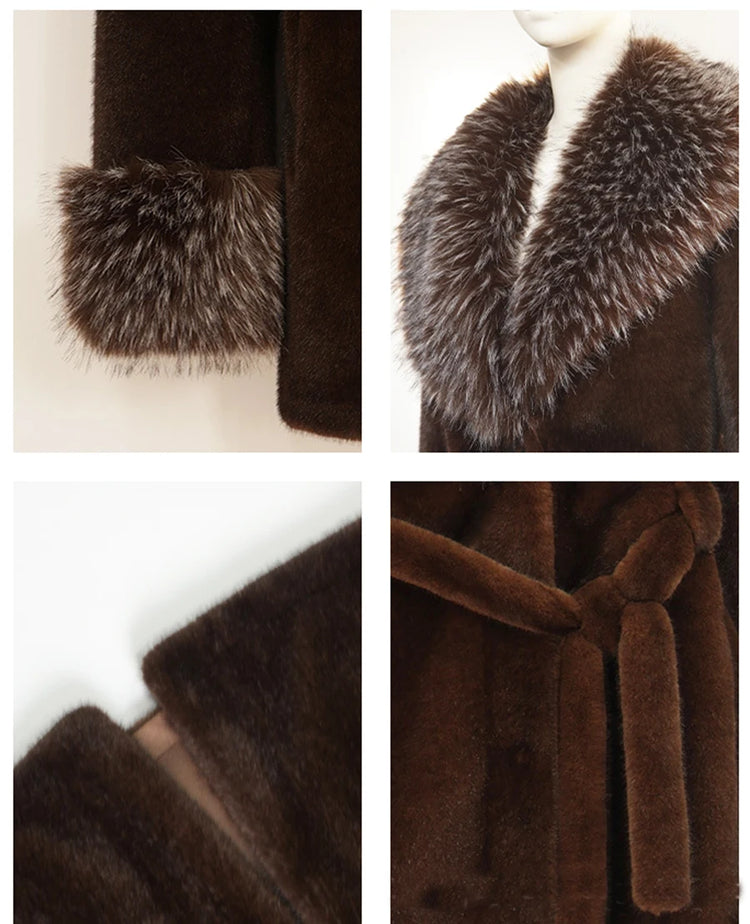 ZADORIN Luxury Long Mink Coat Faux Raccoon Fur Collar Warm Black Fur Coat Woman Elegant Belted Faux Fur Jacket Winter Outerwears