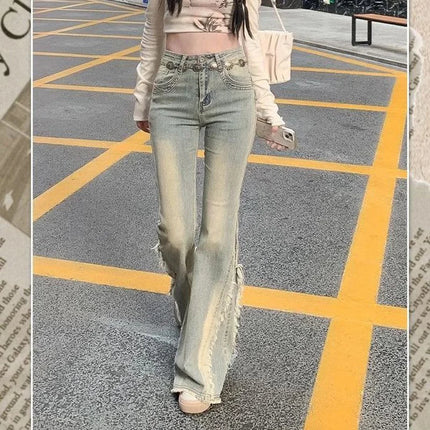 Jeans blu vintage da donna a vita alta americani retrò anni '90 materia prima design bordo Y2k pantaloni in denim streetwear jeans a gamba larga