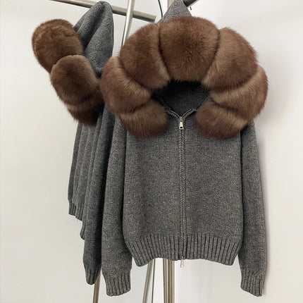 OFTBUY Real Fox Fur Kintwear Women New Spring Autumn Hooded Sweater Female Loose Zipper Kintted Jacket Oversized Cardigan