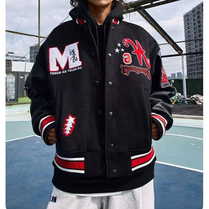 Bomber Jacket Men Women Flocking Hip Hop Loose Casual Patchwork Coat Unisex Embroidery High Street Varsity Baseball Outwear 2023