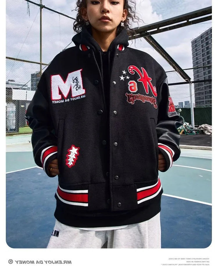 Bomber Jacket Men Women Flocking Hip Hop Loose Casual Patchwork Coat Unisex Embroidery High Street Varsity Baseball Outwear 2023