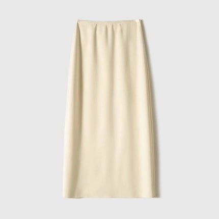 Birdtree Cashmere Silk Blended Skirt For Woman,Elastic Waist Long Skirts,Rear Slit,Commuting Style,2025 Autumn Winter D5N418JF PlatiNum
