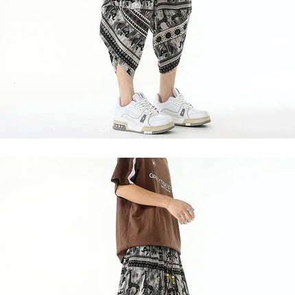 Pantaloncini estivi con stampa da spiaggia, pantaloni casual leggeri e traspiranti, pantaloni larghi alla moda da uomo, pantaloni comodi a lunghezza polpaccio per uomo