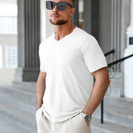 2025 New Men's Casual Short Sleeved Bone Flower Solid Color O-neck T-shirt Fashion Breathable Comfortable Summer Versatile Top PlatiNum