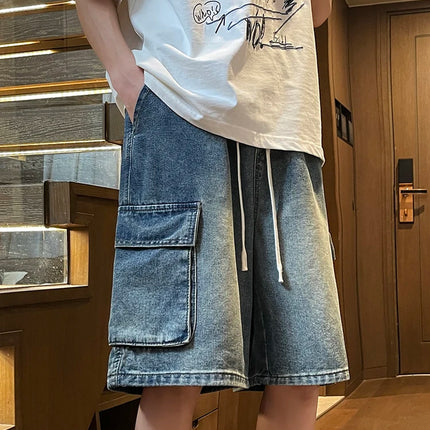 Pantaloncini di jeans cargo da uomo estivi Baggy dritti Moda Casual Pantaloni corti a gamba larga Tasca grande Jeans corti per vacanze al mare Uomo