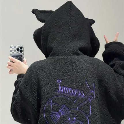 Sanrio Anime Kuromi Clothes Women Black Embroidery Hoodies Y2k Tops Autumn Winter Thin Coat Female Fashion Loose Sweatshirt