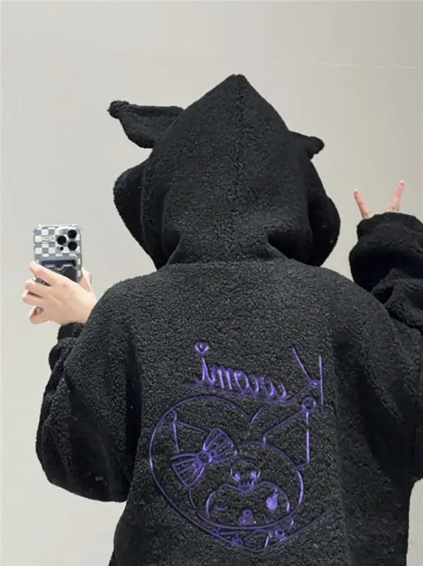 Sanrio Anime Kuromi Clothes Women Black Embroidery Hoodies Y2k Tops Autumn Winter Thin Coat Female Fashion Loose Sweatshirt
