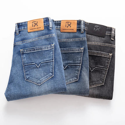 Autumn Men's Business Straight Fit Jeans Vintage Blue Smoke Gray Stretch Trousers Soft Comfortable Fabric Denim Pants Male PlatiNum