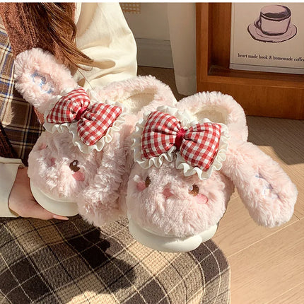 2026 New Women's Cotton Bow Bunny Slippers Winter Indoor Home Warm Household Wool Cotton Shoes Women Wear Indoor Winte