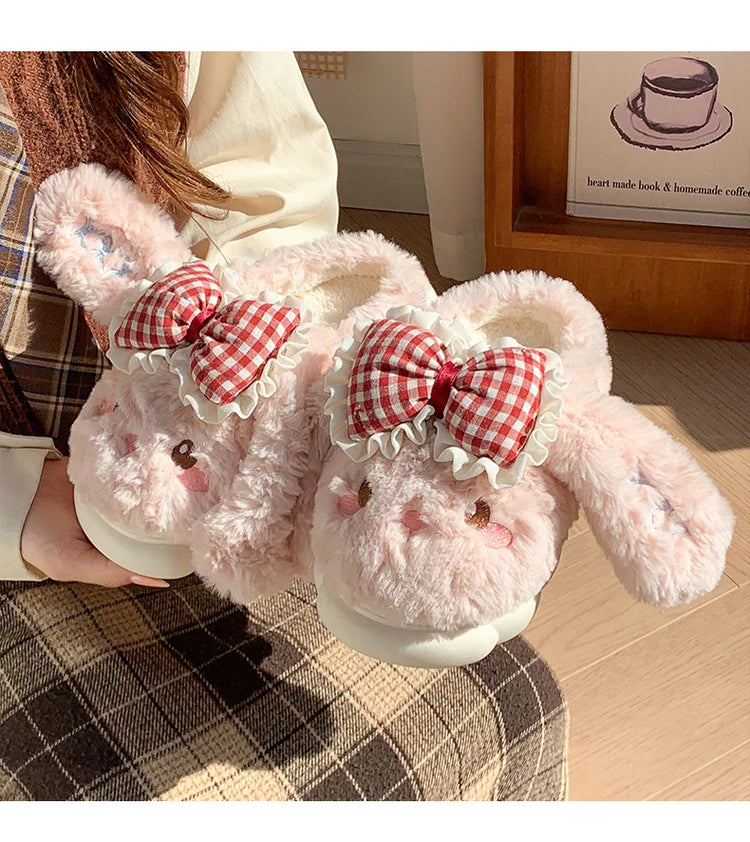 2026 New Women's Cotton Bow Bunny Slippers Winter Indoor Home Warm Household Wool Cotton Shoes Women Wear Indoor Winte