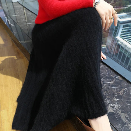 FRSEUCAG Autumn and winter women's warm half skirt 100% mink cashmere pleated skirt thick long skirt soft and loose fashionable PlatiNum