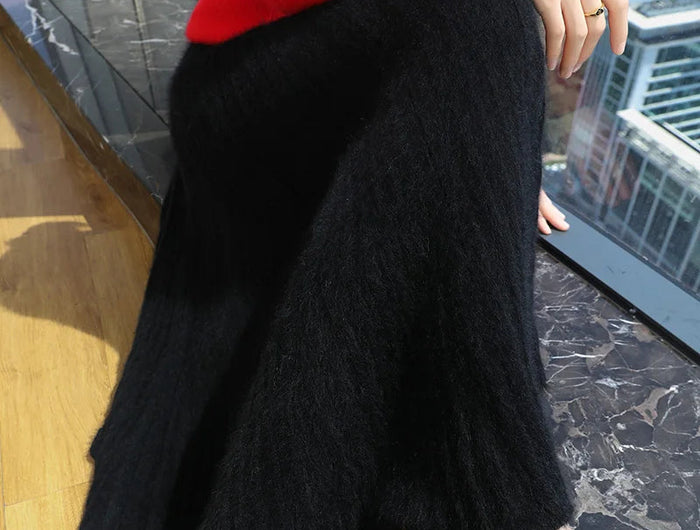 FRSEUCAG Autumn and winter women's warm half skirt 100% mink cashmere pleated skirt thick long skirt soft and loose fashionable PlatiNum