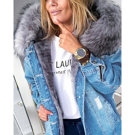 Autumn Women Vintage Hooded Denim Jackets Wth a Large Fluffy Collar Frayed Design Buttoned Overcoat