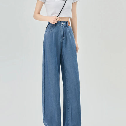 Jeans estivi donna seta ghiaccio vita alta blu sciolto moda coreana semplice tempo libero tutto-fiammifero quotidiano gamba larga elegante Trendy Chic
