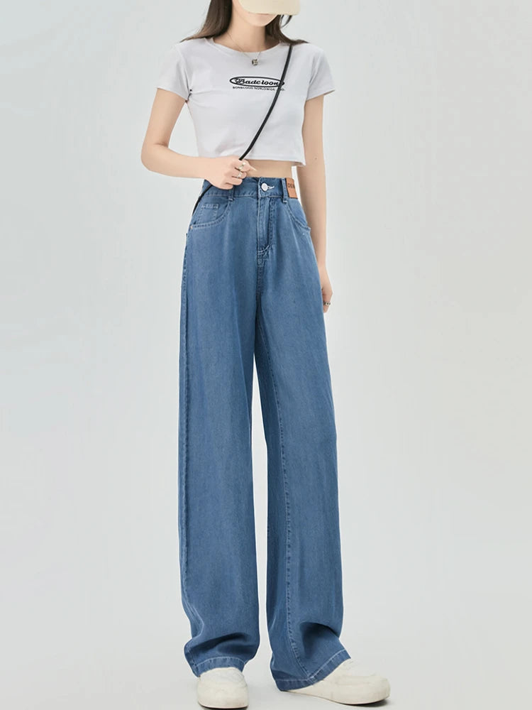 Jeans estivi donna seta ghiaccio vita alta blu sciolto moda coreana semplice tempo libero tutto-fiammifero quotidiano gamba larga elegante Trendy Chic