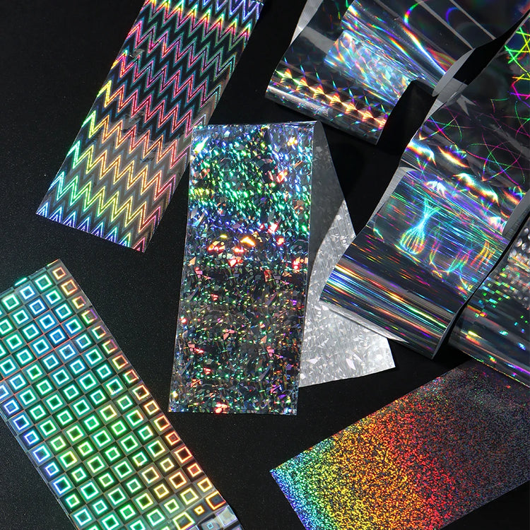 10pcs Holographic Chrome Silver Nail Art Foil Transfer Stickers Irridescent Rainbow Geometric Aurora Laser Nail Foils Decoration