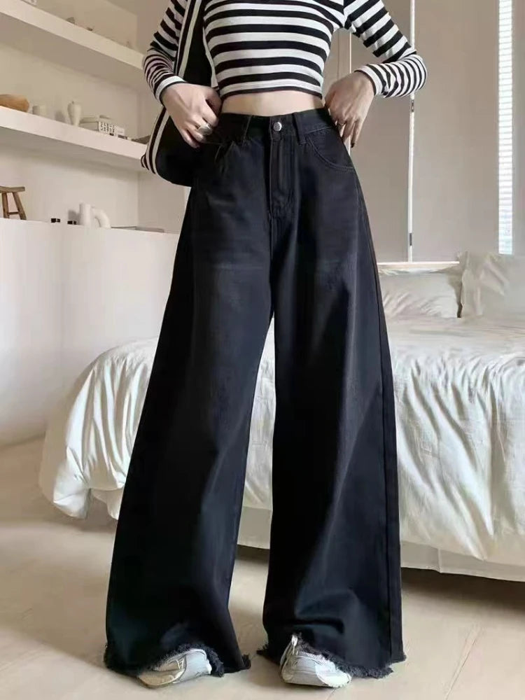 Jeans a gamba larga Pantaloni in denim da donna Pantaloni dritti vintage Autunno Primavera Moda femminile Jeans casual neri Pantaloni a gamba larga