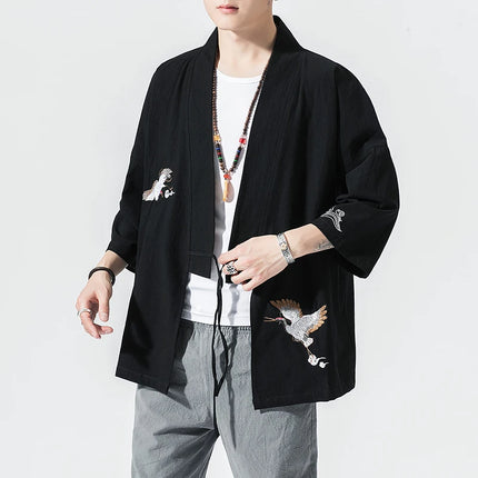 Camicie gru ricamate stile cinese retrò cotone lino Tang vestito Cardigan Mens tradizionale Kung Fu Tai Chi Casual Top camicette
