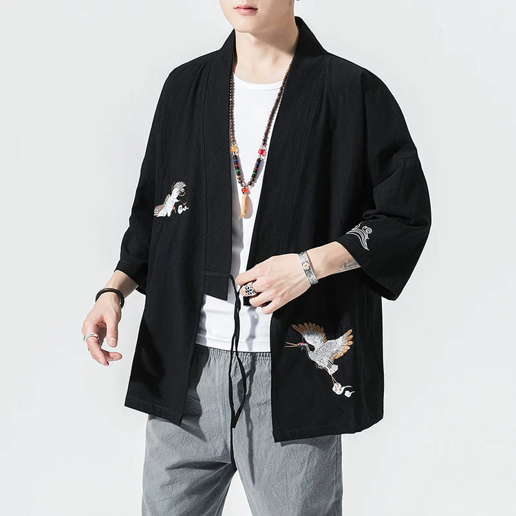 Camicie gru ricamate stile cinese retrò cotone lino Tang vestito Cardigan Mens tradizionale Kung Fu Tai Chi Casual Top camicette