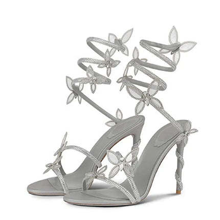 Aneikeh Elegant Pink Wedding Shoes CRYSTAL Bow High Heels Sandals Woman Summer Ankle Strap Thin High Heels Open Toed Party Shoes PlatiNum