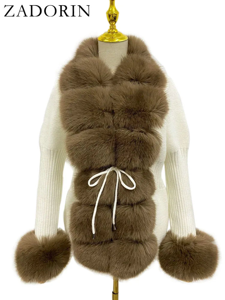 ZADORIN 2026 Chic Fur Cardigan Knitted Sweater Luxury Detachable Faux Fur White Pink Black Sweaters Cardigans Woman Tops Clothes