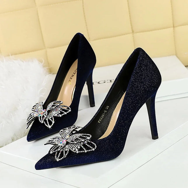 BIGTREE Shoes Designer New Women Pumps Rhinestone Butterfly-knot Pointed Toe Flock 10CM Stiletto Heels Super High Mature Women Shoes