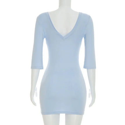 Women's Tsiisd Blue Mini Dress with Deep V-Neck, Elegant Bodycon Dress for Office, Summer, Daily, Streetwear, Fashion, Party