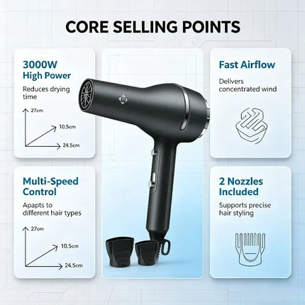 Constant Temperature Blow Dryer 3000W Professional Type With Dual Nozzles For Salon Stable Healthy Hair Drying