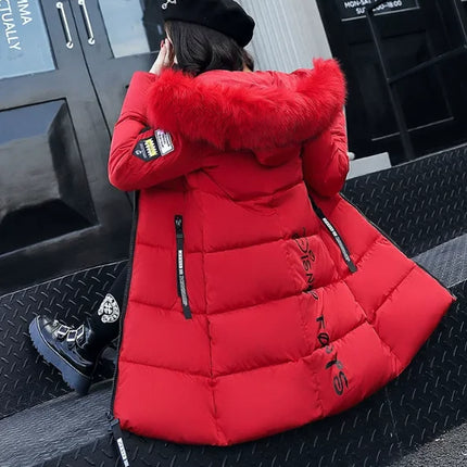 Women Winter Fur Collar Hooded Parka Coats Fashion Letter Patch Zipper Long Jacket Elegant Slim Warm Thick Female Snow Outerwear