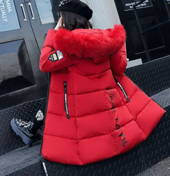 Women Winter Fur Collar Hooded Parka Coats Fashion Letter Patch Zipper Long Jacket Elegant Slim Warm Thick Female Snow Outerwear