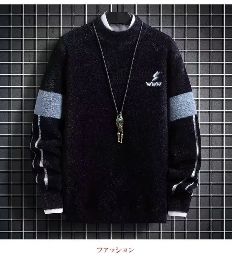 Men Winter Warm Black Sweater Pullovers Autumn High Quality Men's Rock Hip Hop Plush O Neck Top Men's Cloting New 2024