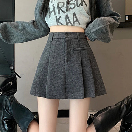 Gidyq Women Wool Mini Skirt Casual Korean Female High Waist Pleated Skirt Harajuku Fashion Streetwear Thick A Line Skirts New PlatiNum