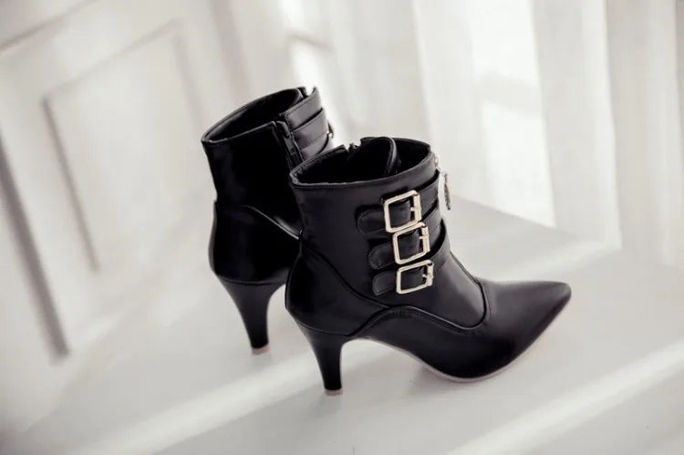 Women Shoes  Boots Spring High Heels Ankle Boots Pointed Toe Buckle  Boots Zip Ladies Shoes White Big Size 2023