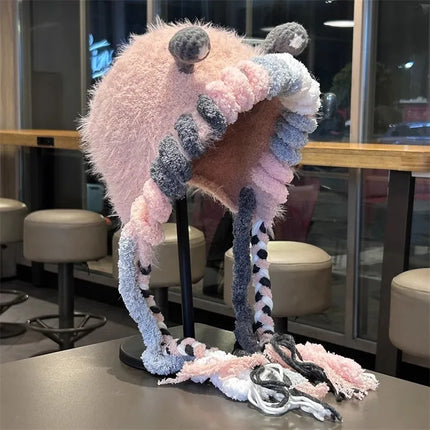 2025 Funny Monster Furry Hat for Women Autumn Winter Knitted Beanie with Braid Warm Ear Protection Hand Crochet Skullies