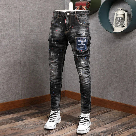 Fashion Streetwear Men Jeans Retro Black Blue Elastic Slim Fit Ripped Jeans Men Spliced Designer Embroidery Hip Hop Denim Pants PlatiNum
